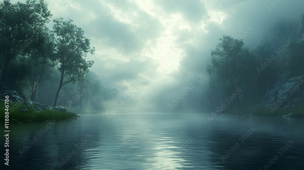 A serene landscape featuring a misty river surrounded by trees and soft clouds. A serene landscape featuring a misty river surrounded by trees and soft clouds.