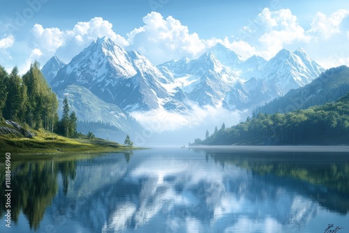 Majestic Snow-Capped Mountains Reflecting in Calm Lake