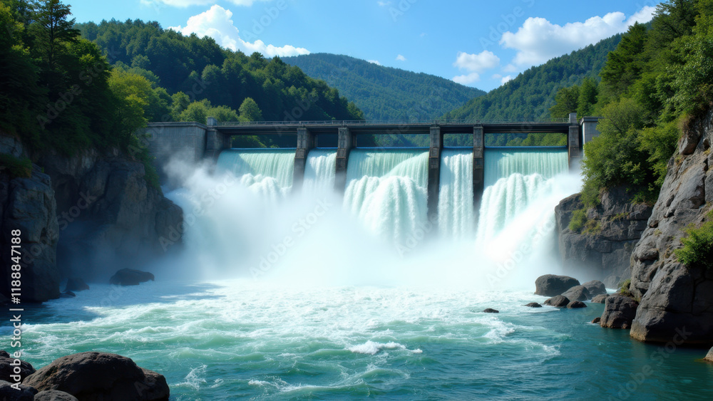 Fototapeta premium Powerful waterfall cascading over rock face at hydroelectric dam site.