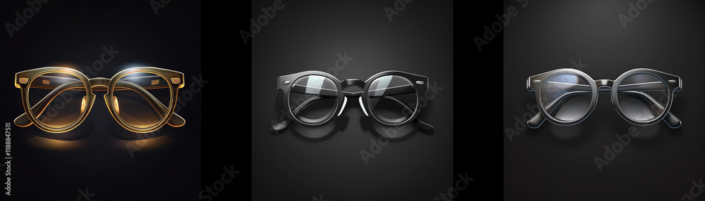 Fototapeta premium Three pairs of round sunglasses, gold, black, and silver, displayed against a dark background. Stylish and sleek eyewear collection.