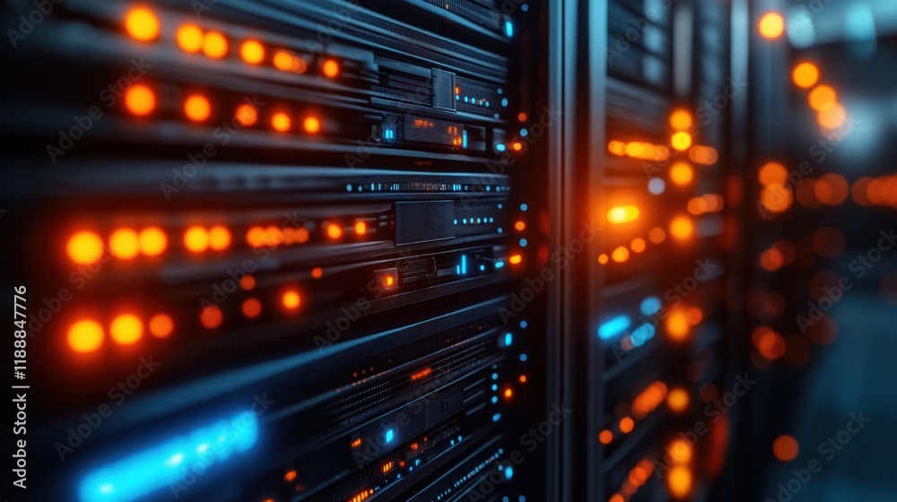 Modern data center server racks illuminated with vibrant orange, blue lights. Tech infrastructure highlighted. High-tech equipment in secure environment. Advanced server technology. Digital Modern data center server racks illuminated with vibrant orange, blue lights. Tech infrastructure highlighted. High-tech equipment in secure environment. Advanced server technology. Digital