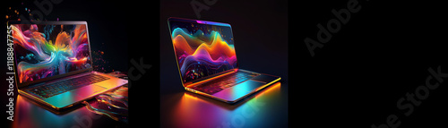 Wallpaper Mural Two laptops display vibrant, abstract colorful designs, illuminated with glowing edges.  The dark background emphasizes the screens' dynamic visuals. Torontodigital.ca