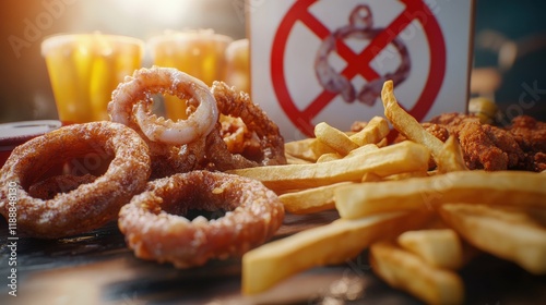 fast food, low carb diet, fattening and unhealthy eating concept - close up of deep-fried squid rings, french fries and other snacks behind no symbol or circle-backslash prohibition sign photo