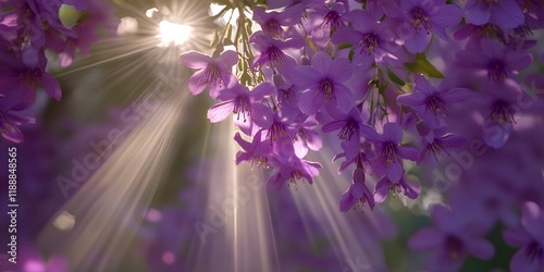 Sunbeams Illuminating Delicate Purple Spring Blossoms Nature s Beauty photo