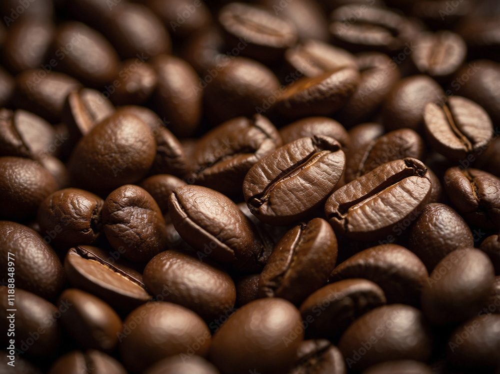 Fototapeta premium image of roasted coffee beans with a shallow depth of field, focusing on a single bean prominently placed in the center foreground.