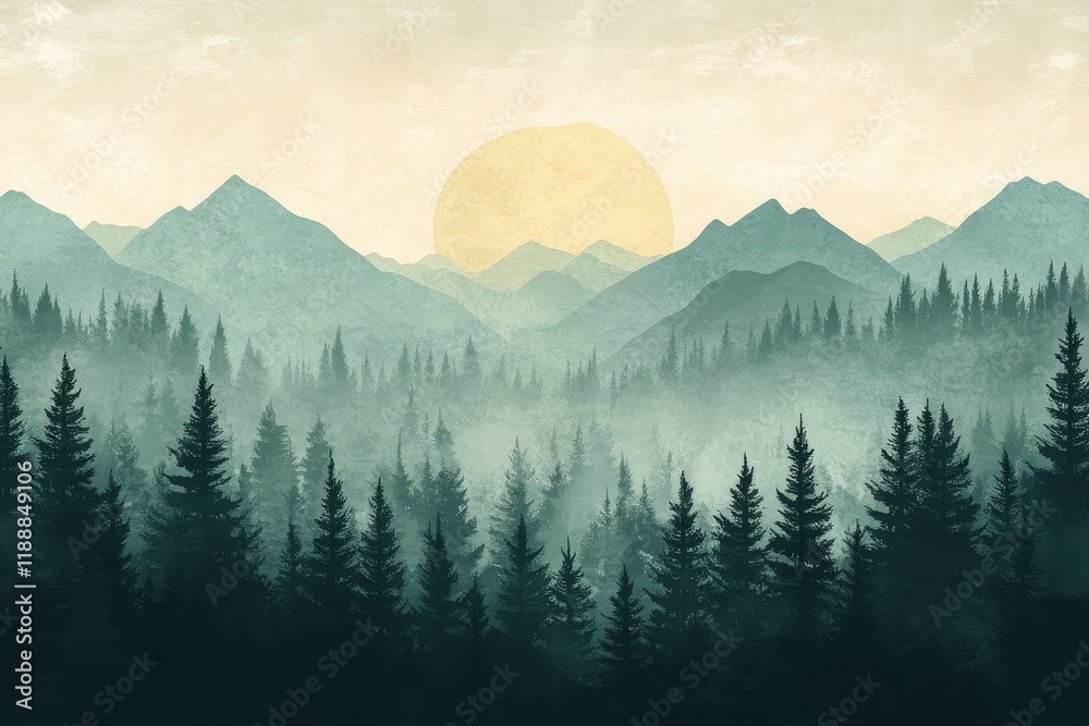 Fototapeta premium Misty mountains and evergreen forest at sunrise. Perfect for travel, nature, and serenity themes.