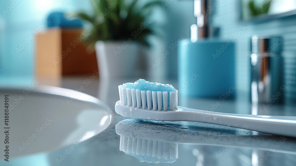 Close-up of toothbrush with blue toothpaste on a bathroom counter. Close-up of toothbrush with blue toothpaste on a bathroom counter.