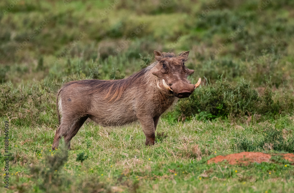 Fototapeta premium Portrait of a warthog with big teeth in green veld