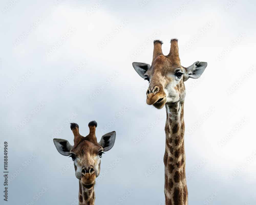 Fototapeta premium Neck and head of two giraffe looking at the camera with clear sky background
