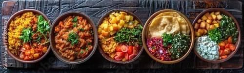 Fototapeta na wymiar Several bowls of food are lined up on a wooden tray, food background, banner
