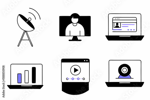 communication devices, media interfaces, data visualization, broadcast antenna, Minimalist icons, technology symbols, black and white illustrations, 