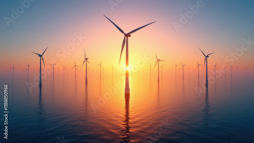 Sustainable green energy symbolized by wind turbines with a stunning sunset backdrop.