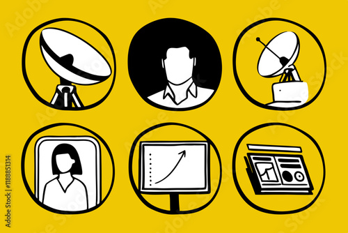  space technology, satellite dish, astronaut helmet, scientist portrait, computer monitor, control panel, Yellow background, circular icons, black and white illustrations