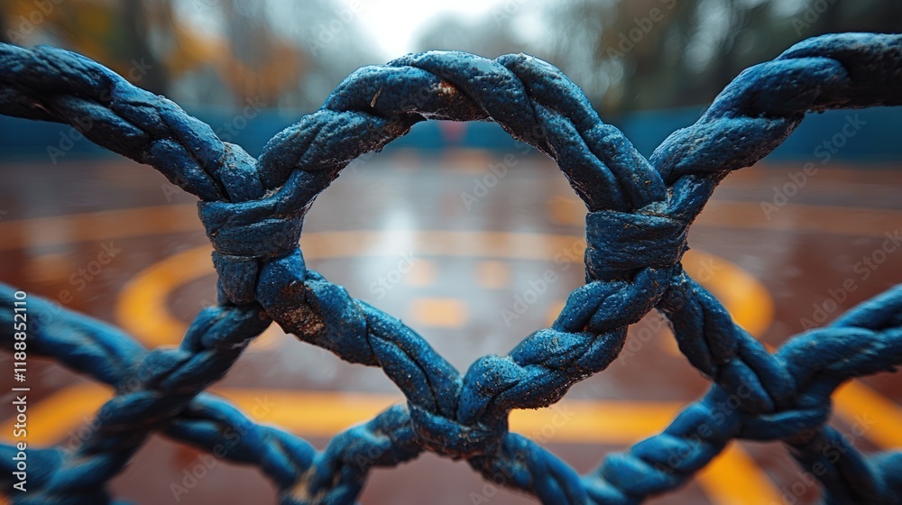 Close-up of weathered blue rope netting, playground background blurred. Close-up of weathered blue rope netting, playground background blurred.