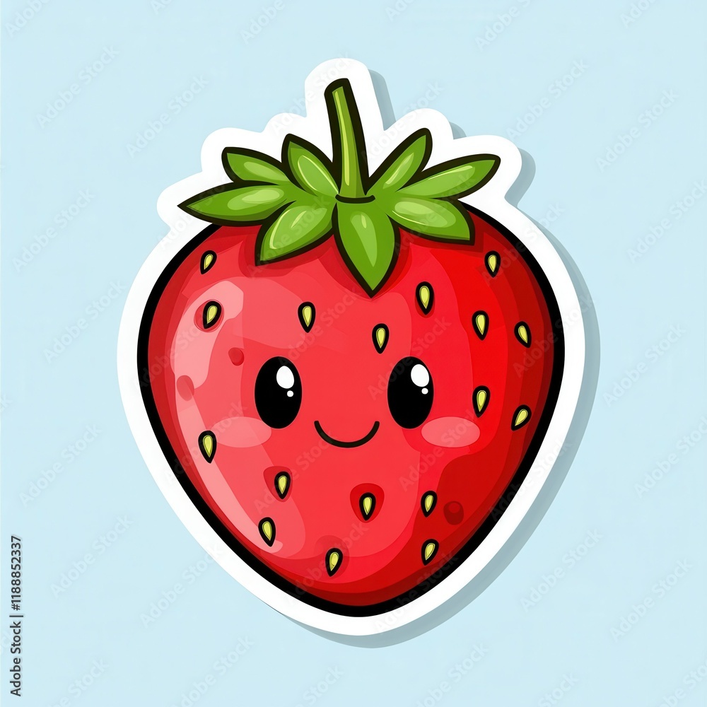 Obraz premium Cute kawaii strawberry illustration with happy face and green leaves on light blue background.