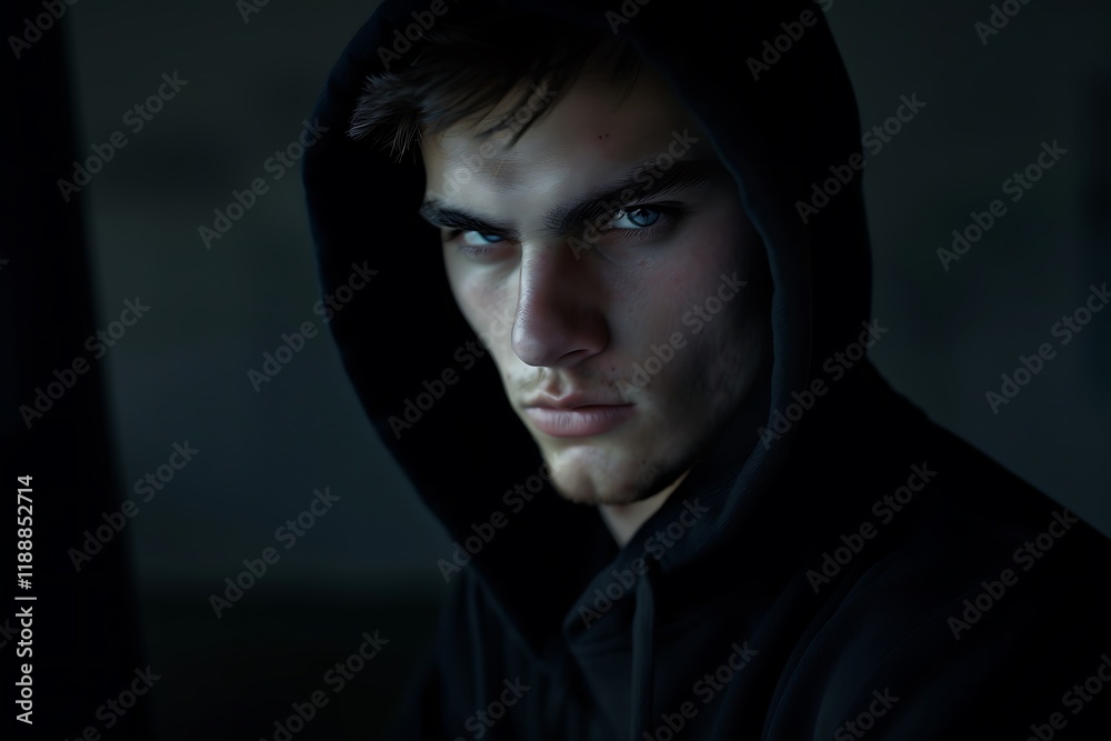 Intense Young Man in Hooded Sweatshirt with Striking Blue Eyes