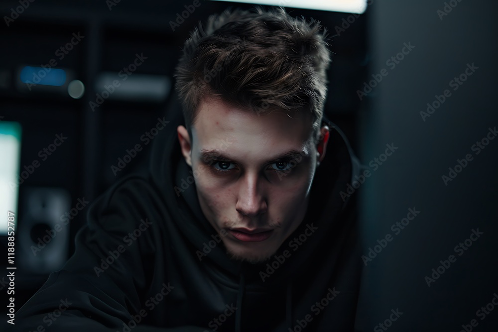 Obraz premium Intense Young Man in Dark Hoodie Staring at Computer Screen