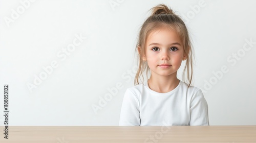 Obraz na płótnie A cheerful 7 year old girl sits behind a wooden table in a well-lit room with space for text. Her joyful expression suggests she is ready for fun activities or playful interactions during the day. w salonie