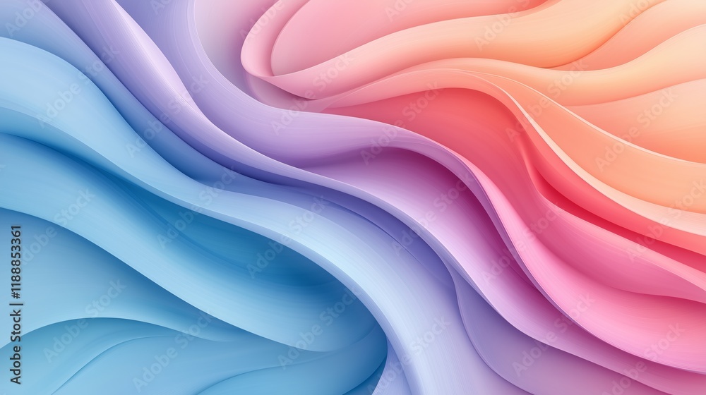 Fototapeta premium Soft curves and waves of blue, pink, and lavender blend together, evoking a feeling of chaos balanced by serenity. The colors flow seamlessly, creating a captivating visual experience.