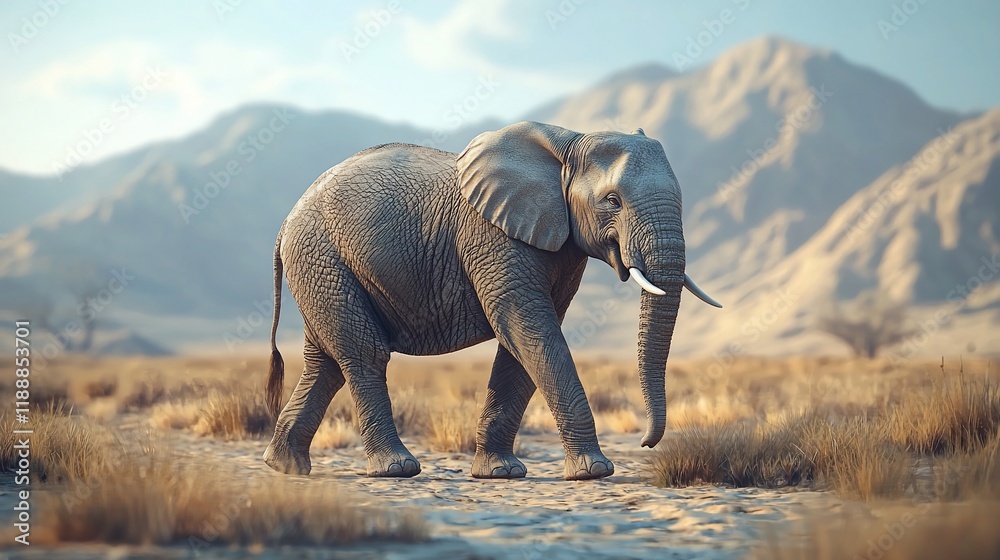 Fototapeta premium Majestic elephant walking in African savanna landscape.