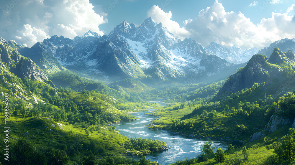 A serene landscape featuring mountains, a river, and lush greenery under a blue sky. A serene landscape featuring mountains, a river, and lush greenery under a blue sky.