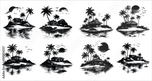 Set of palm tree and beach hut silhouette, Beach hut and palm tree silhouettes vector, Tropical beach landscape with sun and palm trees, Beautiful tropical beach hut and palm tree silhouettes