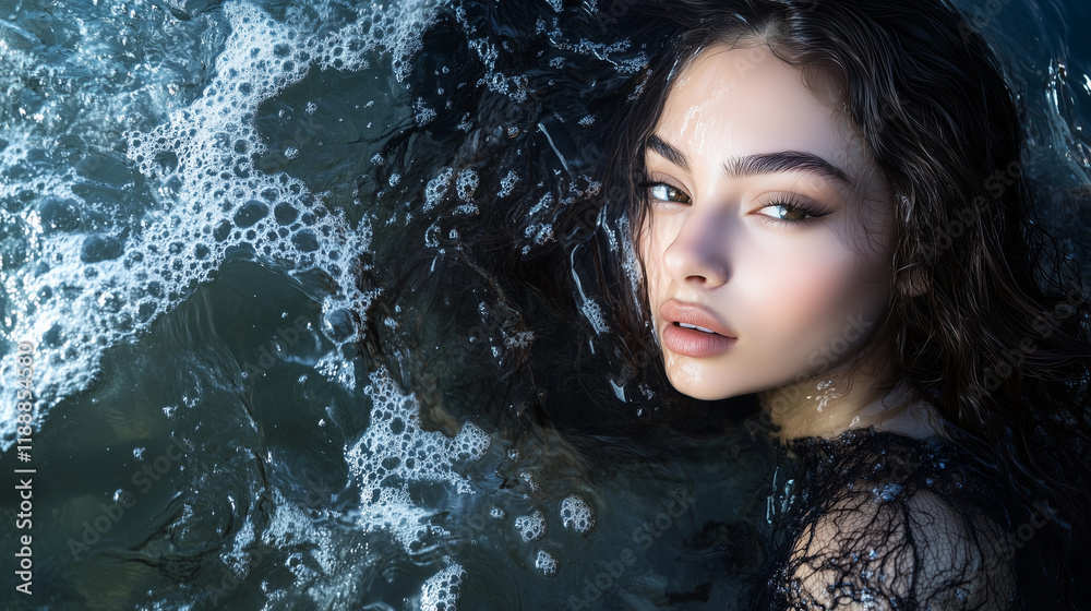 Fototapeta premium Professional photo shoot of a model woman with long hair in the ocean