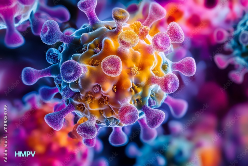 Microscopic visualization of Human Metapneumovirus HMPV reveals its complex structure, offering insights for understanding respiratory health and strategies for disease prevention