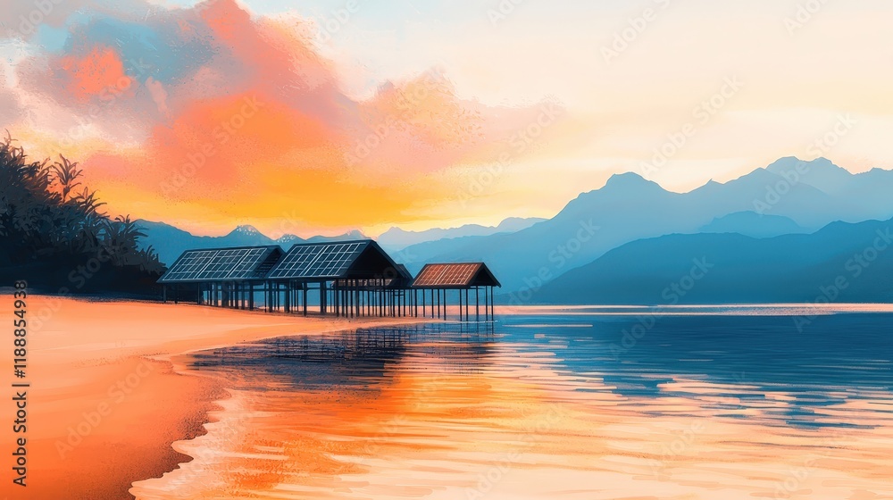 Illustration of solar-powered desalination plants on coastal shores Illustration of solar-powered desalination plants on coastal shores