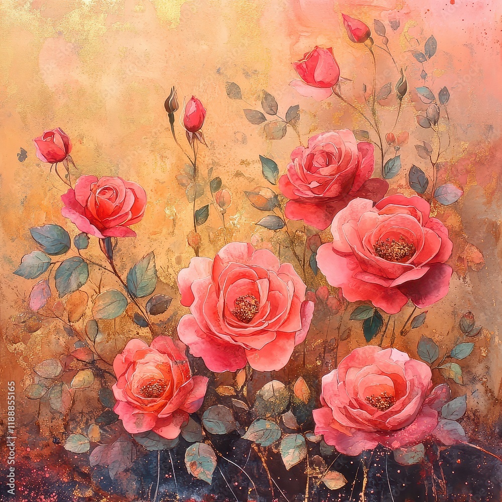 Fototapeta premium Beautiful Pink Roses Against a Soft Golden Background