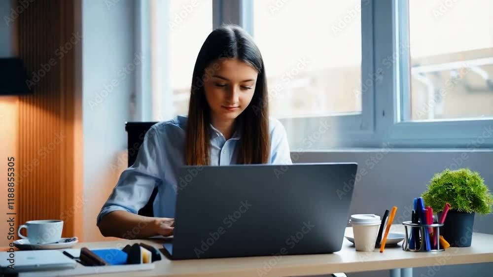 Focused Young Woman Working on Laptop in Modern Office Focused Young Woman Working on Laptop in Modern Office