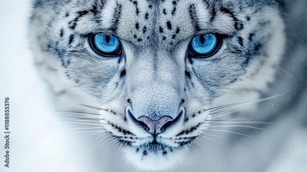 Naklejka premium Close-up portrait of a snow leopard with striking blue eyes.