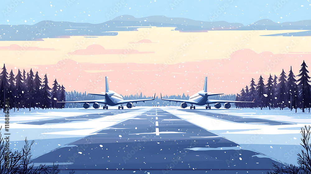Obraz premium Airfield with planes in a snowy landscape and ample copy space for text