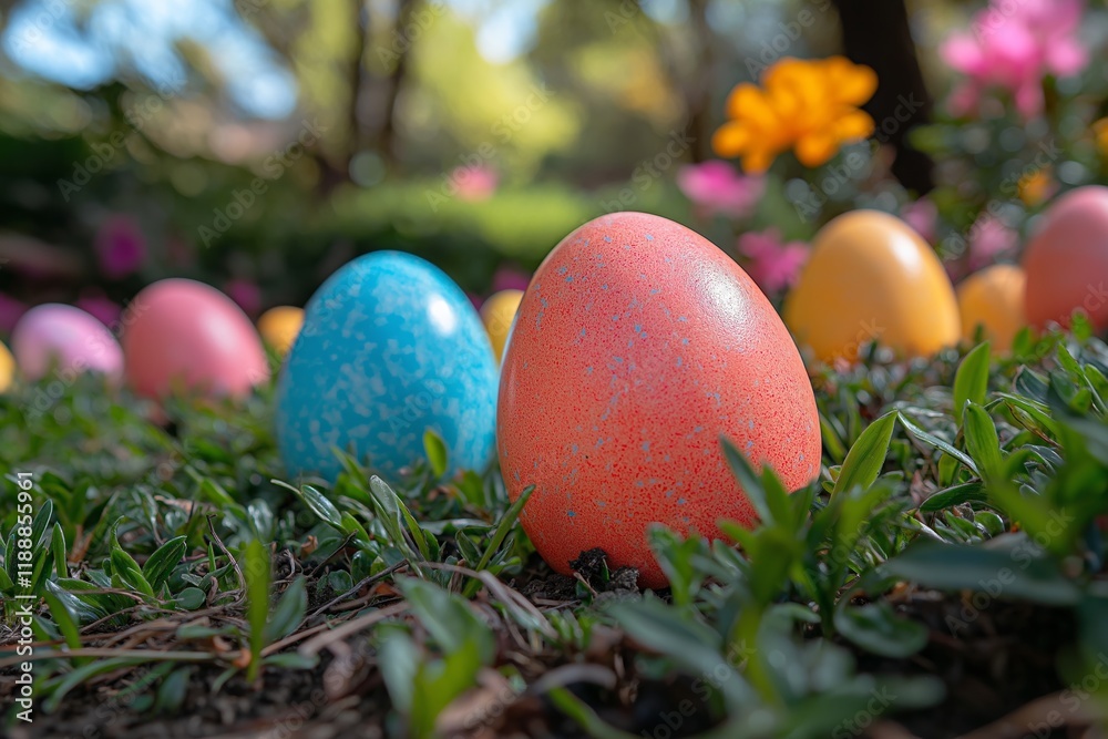 Colorful eggs are hidden among the flowers in this vibrant egg hunt scene, perfect for celebrating Easter with joy and excitement in nature. Colorful eggs are hidden among the flowers in this vibrant egg hunt scene, perfect for celebrating Easter with joy and excitement in nature.