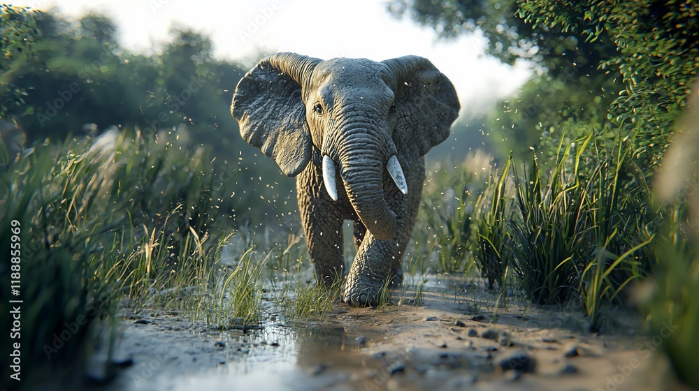 Fototapeta premium Majestic elephant walking through a lush, green savanna.