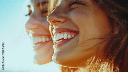 Radiant natural smile captured in warm golden sunlight with perfect white teeth, creating a joyful and authentic moment reflected in mirror, showing genuine happiness. photo