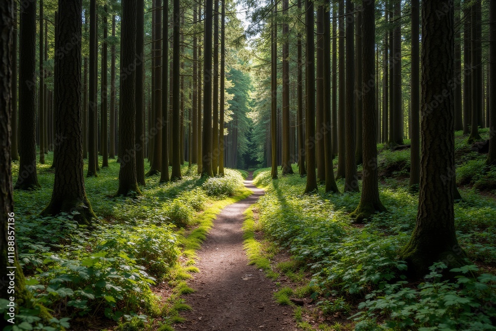 Obraz premium Serene Forest Path Through Dappled Shadows