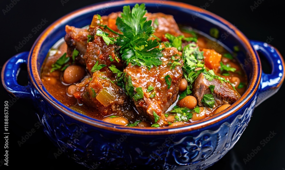 Hearty fasole cu ciolan in a blue bowl served during winter for comfort and nourishment Hearty fasole cu ciolan in a blue bowl served during winter for comfort and nourishment