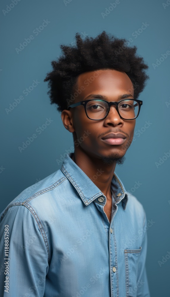 Fototapeta premium A stylish young Black man with glasses poses confidently against a serene blue background, exuding charisma and poise. His denim shirt complements his natural hairstyle, creating a modern and
