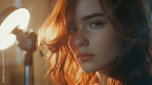 beauty, hairstyle, blow-dry and people concept - close up of young woman and hairdresser with fan and brush making hot styling at hair salon