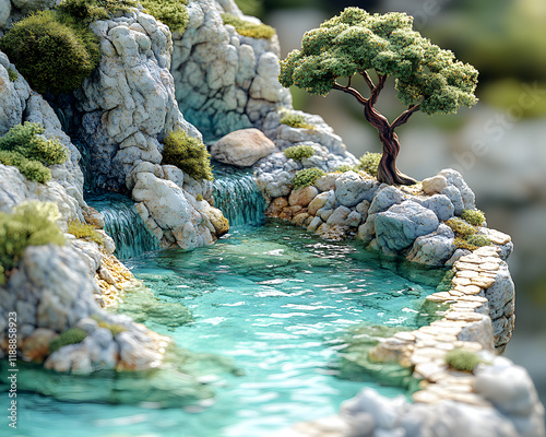 A serene miniature landscape featuring a waterfall, rocky terrain, and a solitary tree. photo