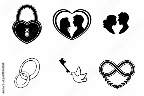 Black and white icons, love symbols, padlock heart, silhouette couple, wedding rings, key with heart, infinity chain, minimalist design, vector graphics, relationship concepts, commitment symbols, rom