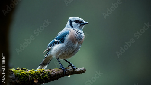 Small bird, crested head, blue and white feathers, perched on mossy branch, bokeh background, soft lighting, nature photography, wildlife close-up, forest atmosphere, detailed plumage, sharp focus, sh photo