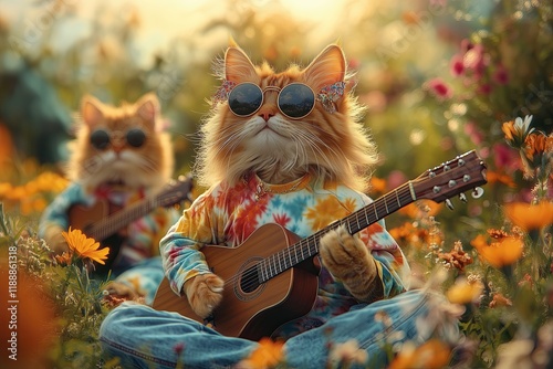 1960s hippie anthropomorphic cat wearing round sunglasses, a colorful tie-dye shirt, and bell-bottom jeans, sitting cross-legged in a flower-filled meadow, playing a guitar under a warm sunset photo