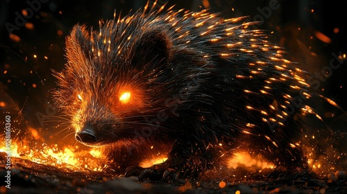 Fiery Hedgehog Embers Glowing Eyes Dark Night photo