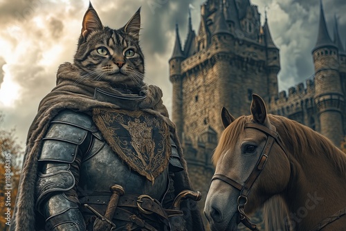 Medieval knight anthropomorphic cat wearing shining silver armor and a flowing tabard with a feline crest, standing next to a faithful horse in front of a towering photo