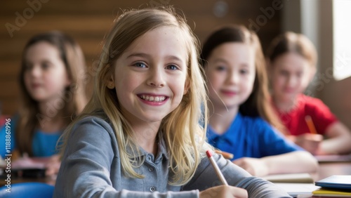 elementary school classroom, smiling blonde girl in focus, other students blurred in background, bright classroom setting, natural lighting, happy children, school desks, learning environment, candid 