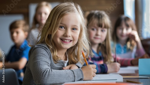 elementary school classroom, smiling blonde girl in focus, other students blurred in background, bright classroom setting, natural lighting, happy children, school desks, learning environment, candid 