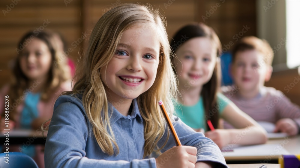Obraz premium elementary school classroom, smiling blonde girl in focus, other students blurred in background, bright classroom setting, natural lighting, happy children, school desks, learning environment, candid 