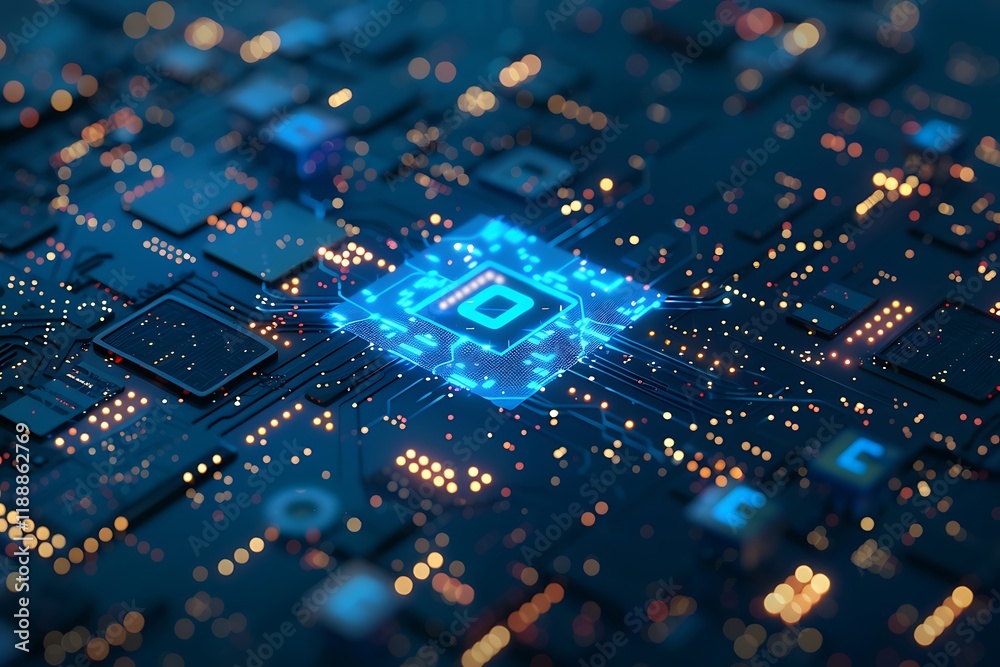 Obraz premium Glowing Microchip on Complex Network of Circuits and Lights